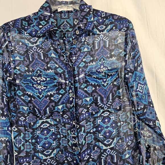 Equipment Femme Slim Signature Silk Blouse Button Up Size XS Geometric Blue - Picture 2 of 5